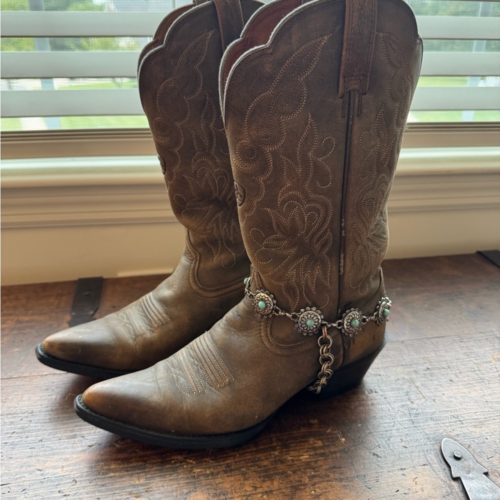 Ariat Brown Heeled Boots with turquoise boot bling